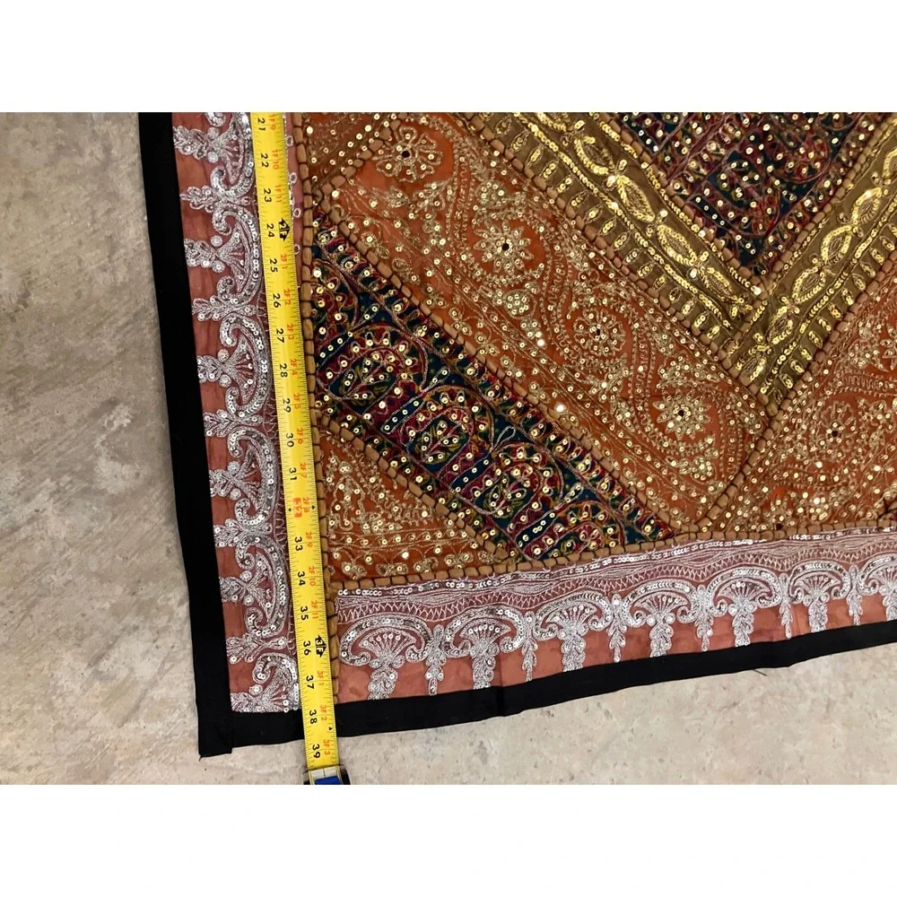Vintage Indian Patchwork Tapestry Orange Gold Sequin Embroidered Wall Art 40x39